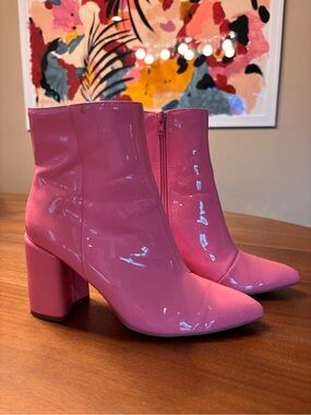 Pink Patent Block Heel Ankle Boots